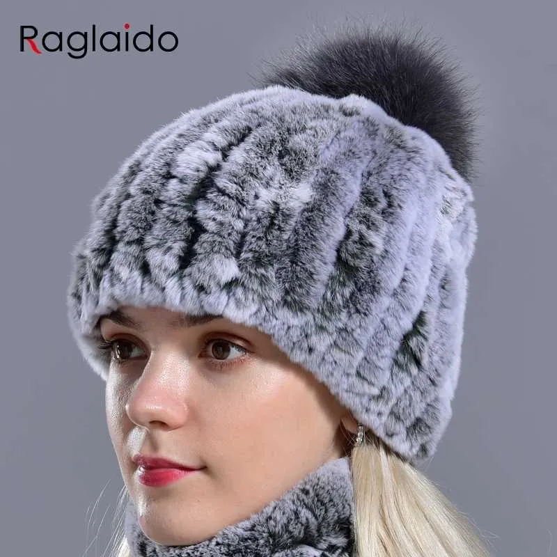 Raglaido gorros de punto con pompón para mujer gorros liso elástico gorros de pelo de conejo Rex sombrero de invierno Skullies accesorios de moda LQ11219 2319I