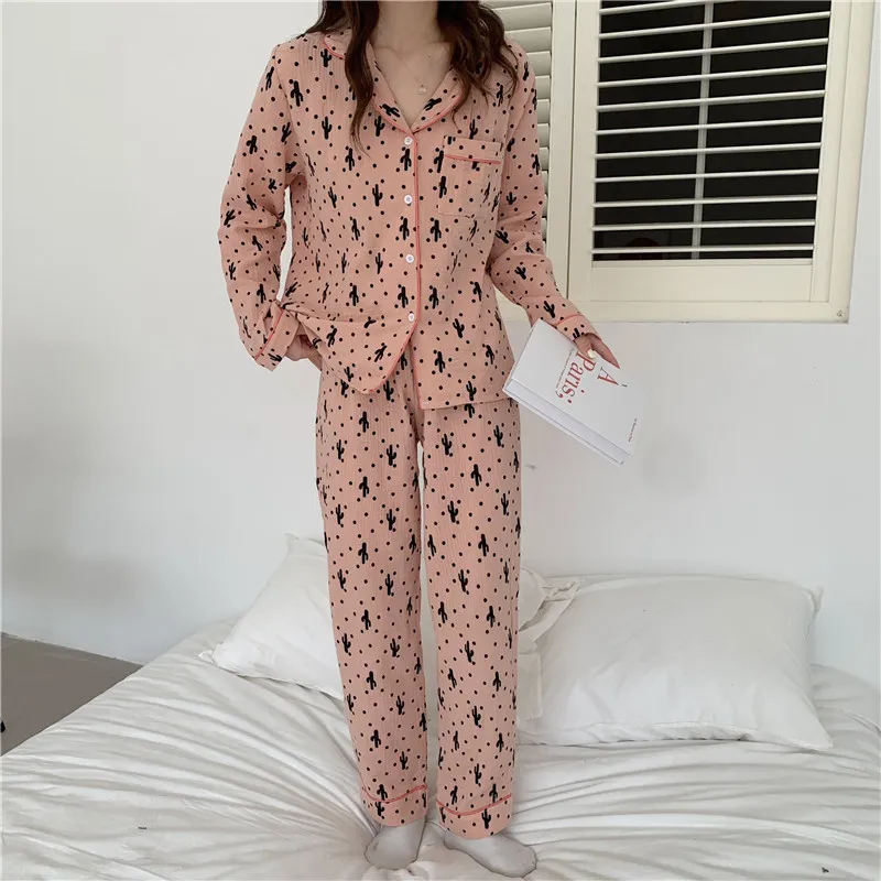 Doux tout match haute qualité points vêtements de nuit lâche été doux Homewear Chic décontracté coton mode pyjamas ensembles 210525