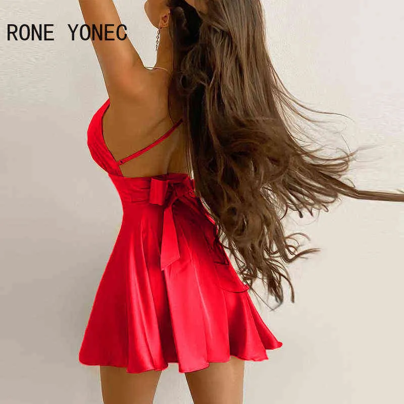 Kvinnor Solid Spaghetti Strap Deep V Neck Wrap A Line Mini Bodycon Sexy Party Red Dress Y1204