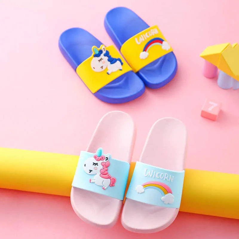 Unicorn terlik çocuklar için erkek kız karikatür gökkuşağı ayakkabı yaz todder flip floplar bebek kapalı terlik plaj yüzme terlik