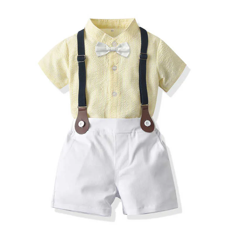 top et top Mode New Toddler Garçons Gentleman Vêtements Ensemble Rayé À Manches Courtes Noeud Papillon Chemises Tops + Bretelles Shorts Tenues X0802