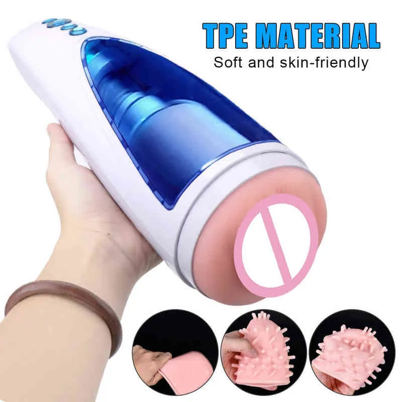 NXY Sex Masturbators Flesh Pussy Sexy Voice 10 Telescopic Modes Automatic Rotation Masturbator Male Masturbation Cup with Color Lights 220127