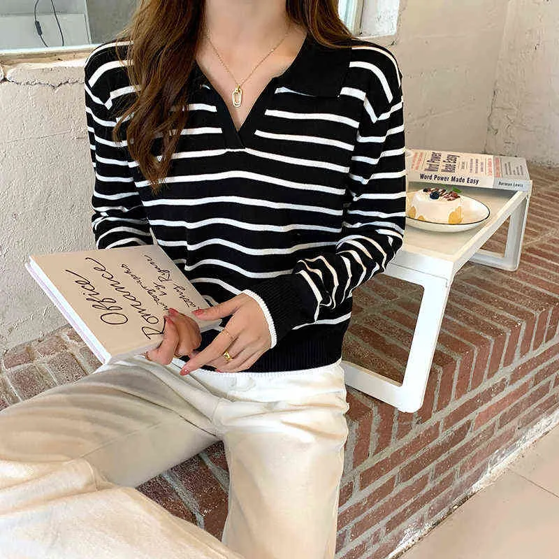 Kvinnor Långärmad Striped Polo Collar Tröja Kvinnlig Elegant Vår Höst Casual Toppar Koreansk stil Tunna stickade Chic Pullovers 211103