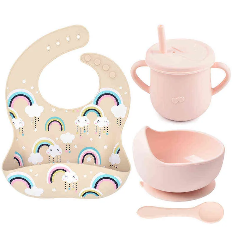 Silicone Baby Cup Tableware Set Waterproof Heart Printing Bib Food Grade Cup Non-Silp Suction Bowl Feeding Dinnerware 211027