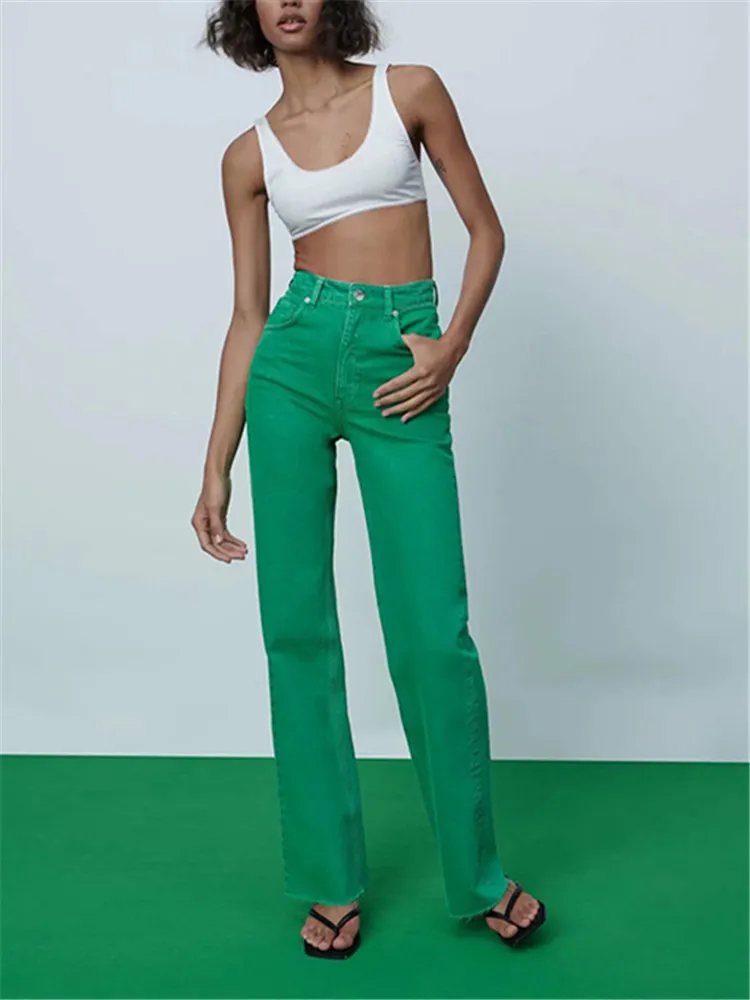 ZA printemps nouveaux vêtements pour femmes style européen et américain multicolore taille haute minceur couleur droite jeans