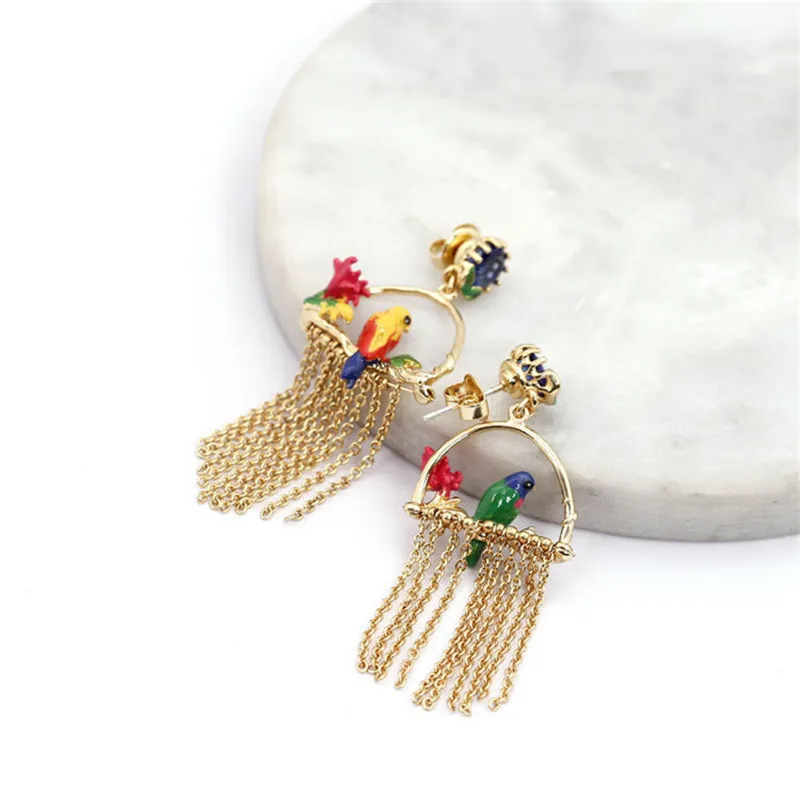 Luxo em ouro banhado a ouro mulheres moda assimétrica papagaio tassel dangler jóias design design esmalte brinco