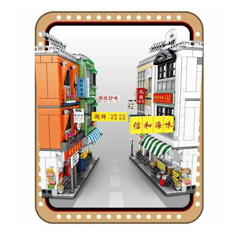 SEMBO City Street View Retro Hong Kong Food Store Figures Building Blocks Creator Expert House Lighting Bricks Architecture Toys Q0624