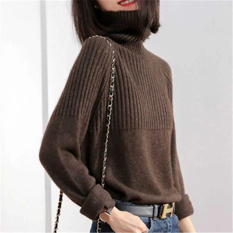 Dames Trui Fall Winter Turtleneck Pullovers Solid Stretch Gestreepte Koreaanse Top Casual Gebreide Bottoming Clothes Black 211011