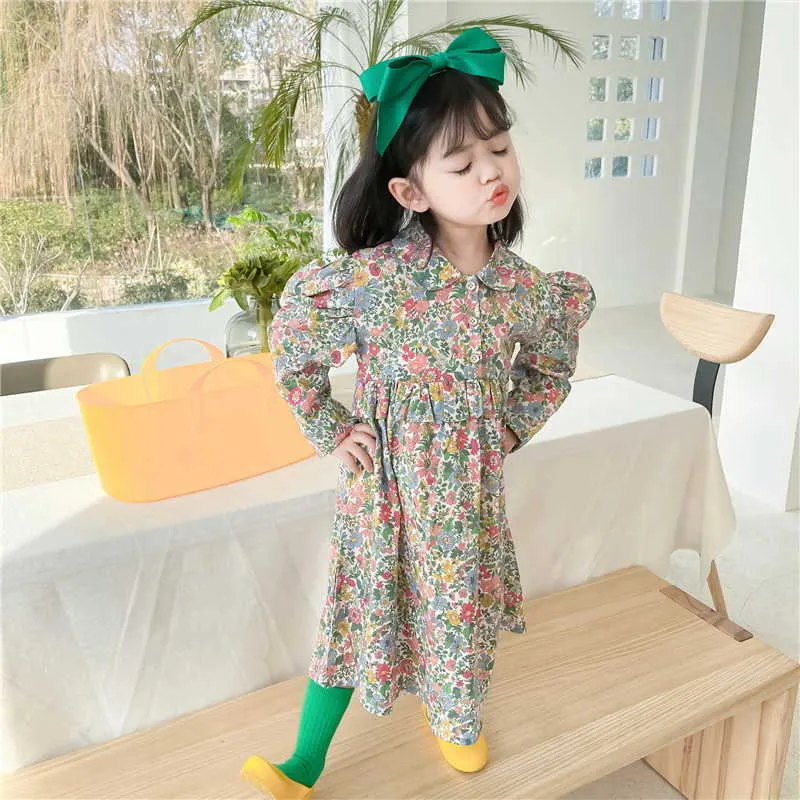 Vendita all'ingrosso stile coreano primavera ragazze floreale colletto Peter Pan abiti da principessa vestiti bambini E6025 210610