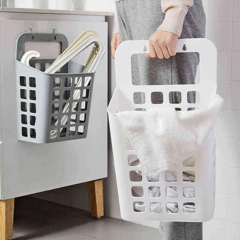 Wall-Mounted Large Laundry Basket Household Bathroom Punching Free Dirty Clothes Storage Basket Plastic Hollow Out Hamper 211112