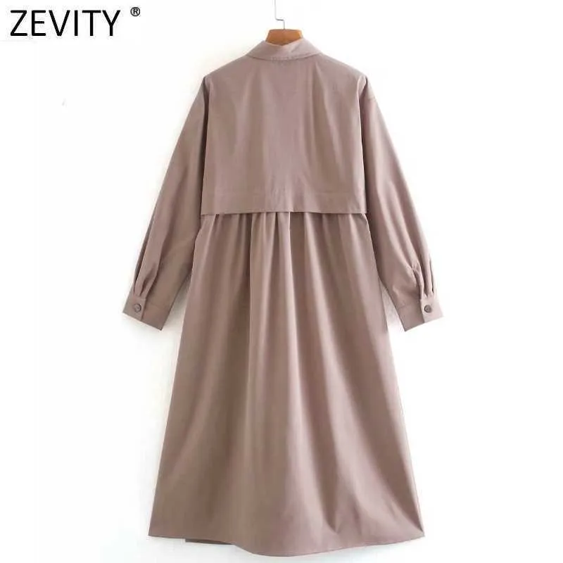 Zevity Women Vintage Pockets Patch Casual Loose Midi Dress Female Safari Style Back Splicing Clothing Side Split Vestido DS4672 210603