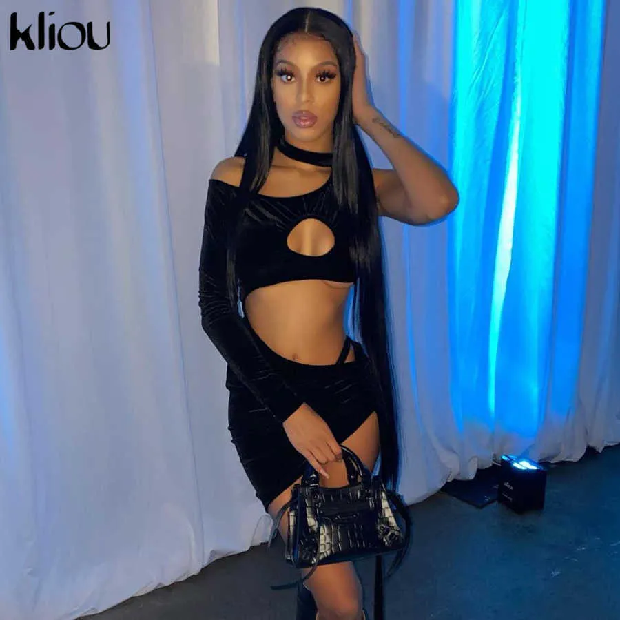 Kliou Velvet Hollow Out Party Dresses Kobiety Solidna Single Ramię Streetwear Skinny Slim Clubwear Sexy Bodycon Mini Dress 210706