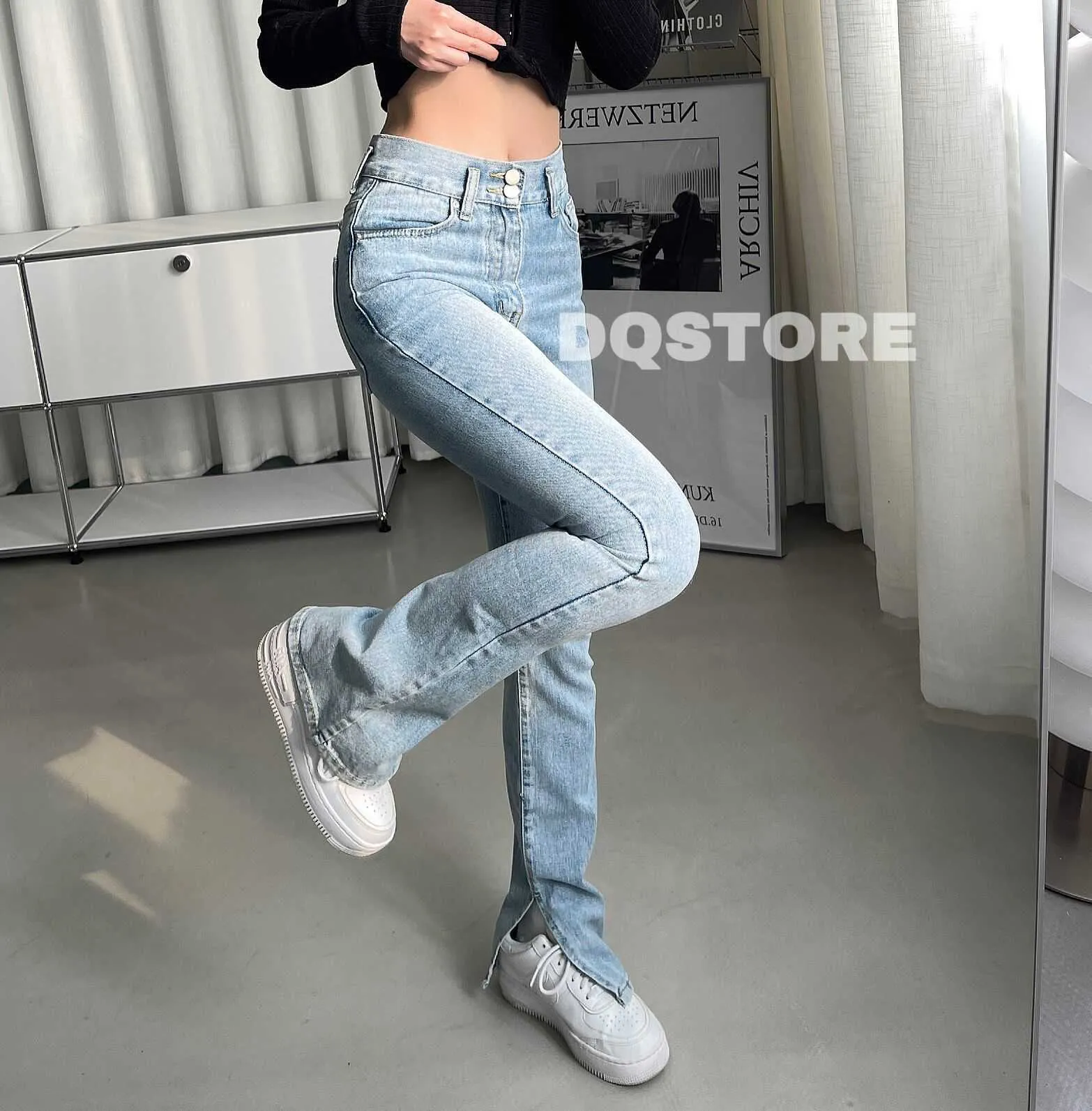 Damskie dżinsy Drapione Skinny Denim Spodnie Szczupła Wysoka Talia Femme Flare Ułożone Mama Prosta Noga Vaqueros Mujer Split Vintage Y2K 210730