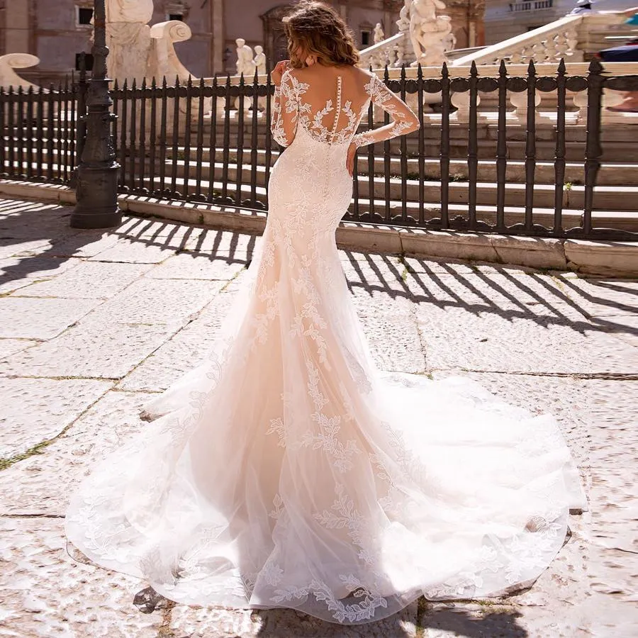 Robe de mariée avec train détachable vestido de novia sirena robes de sirène en dentelle sexy haut en maille transparente manches longues robes de mariée 1777