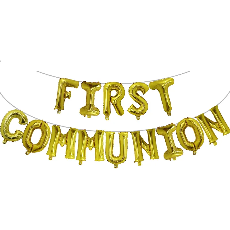 First Holy Communion Gold Balloons Bunting Banner Religious 1st Confirmation Christening Wall Decoration Photo Props Ballon L0220