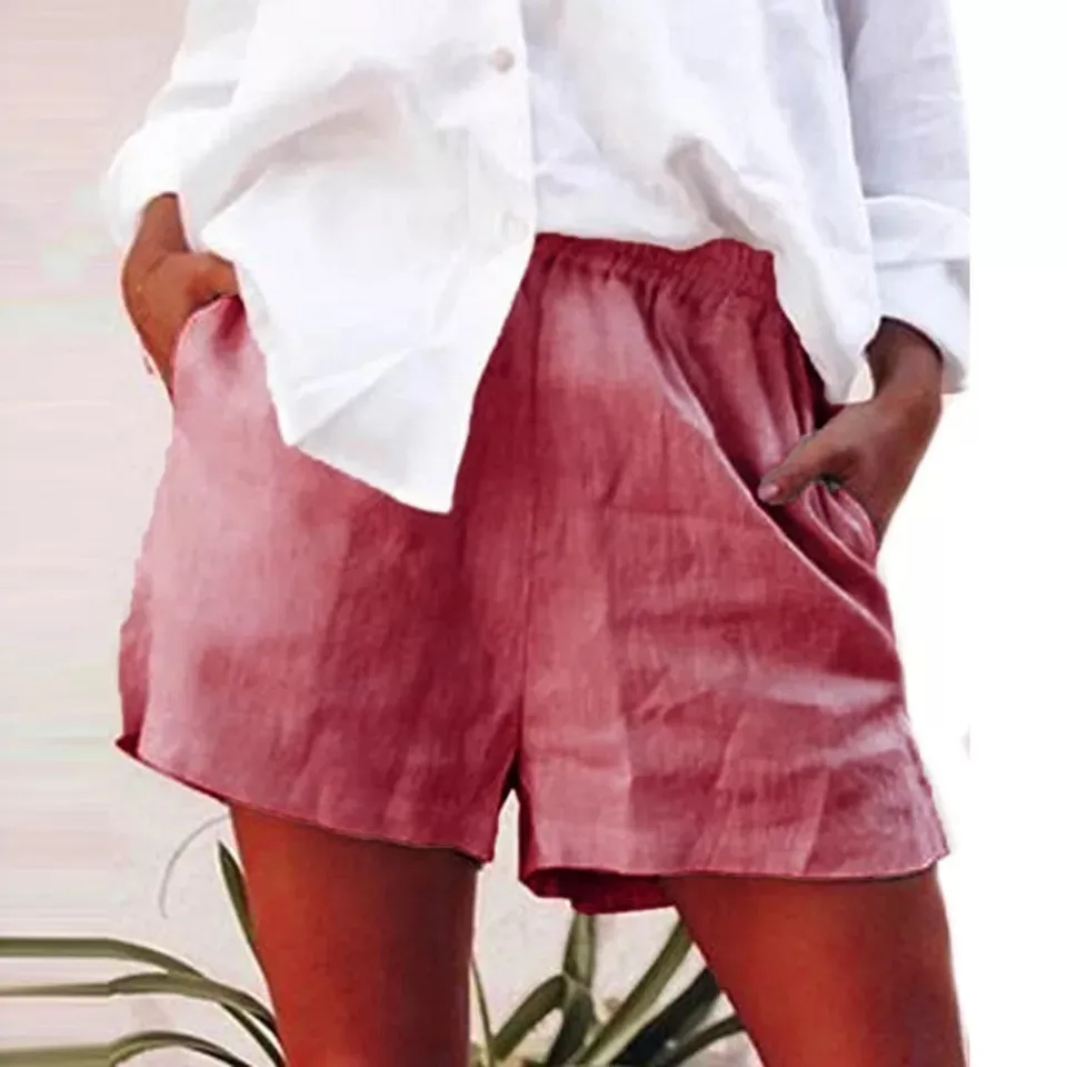 Fashing Summer Femmes Coton Lin Shorts Loisirs Pantalon court en vrac Taille élastique Casual Mode Candy Couleur Big Plus Taille S-5XL 210301