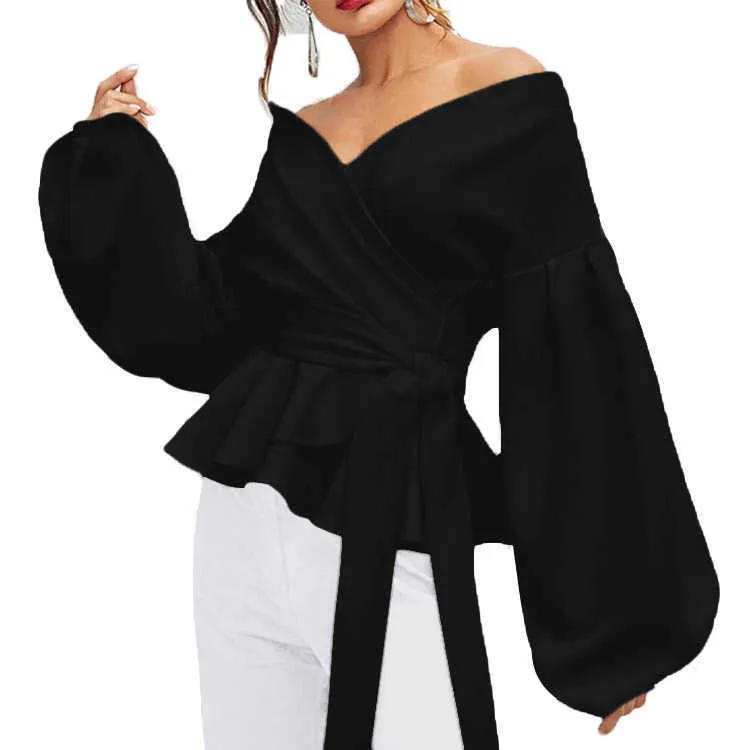 Women's Blouse Long Sleeve Korean Lantern V Neck Top Bow Tie Shirt Spring V-neck Ruffle 210615