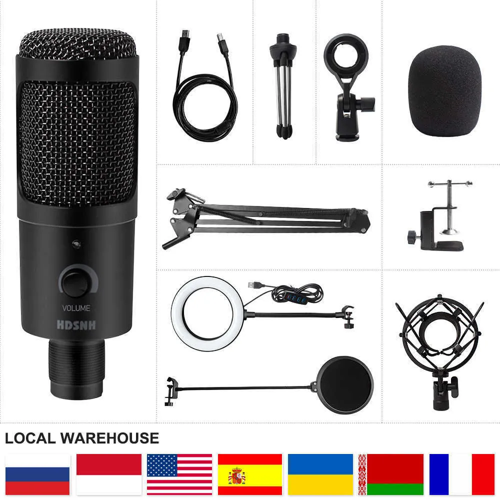 Microphone d'enregistrement à condensateur D80, USB, avec support et éclairage annulaire, pour PC, karaoké, Streaming, Podcasting, Youtube