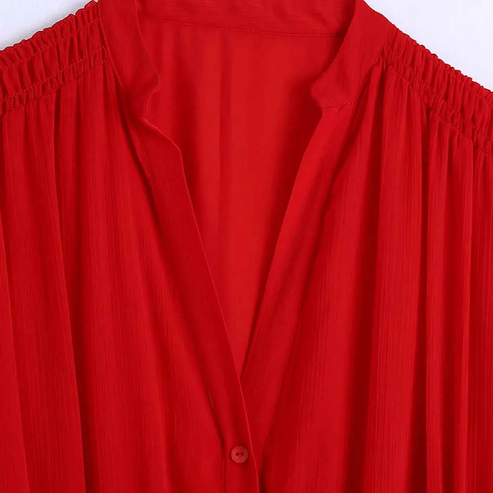 Za Red Chiffon Summer Dress女性短い弾性ウエストビンテージMidi ES女性ボタンアップライニングパーティー210531