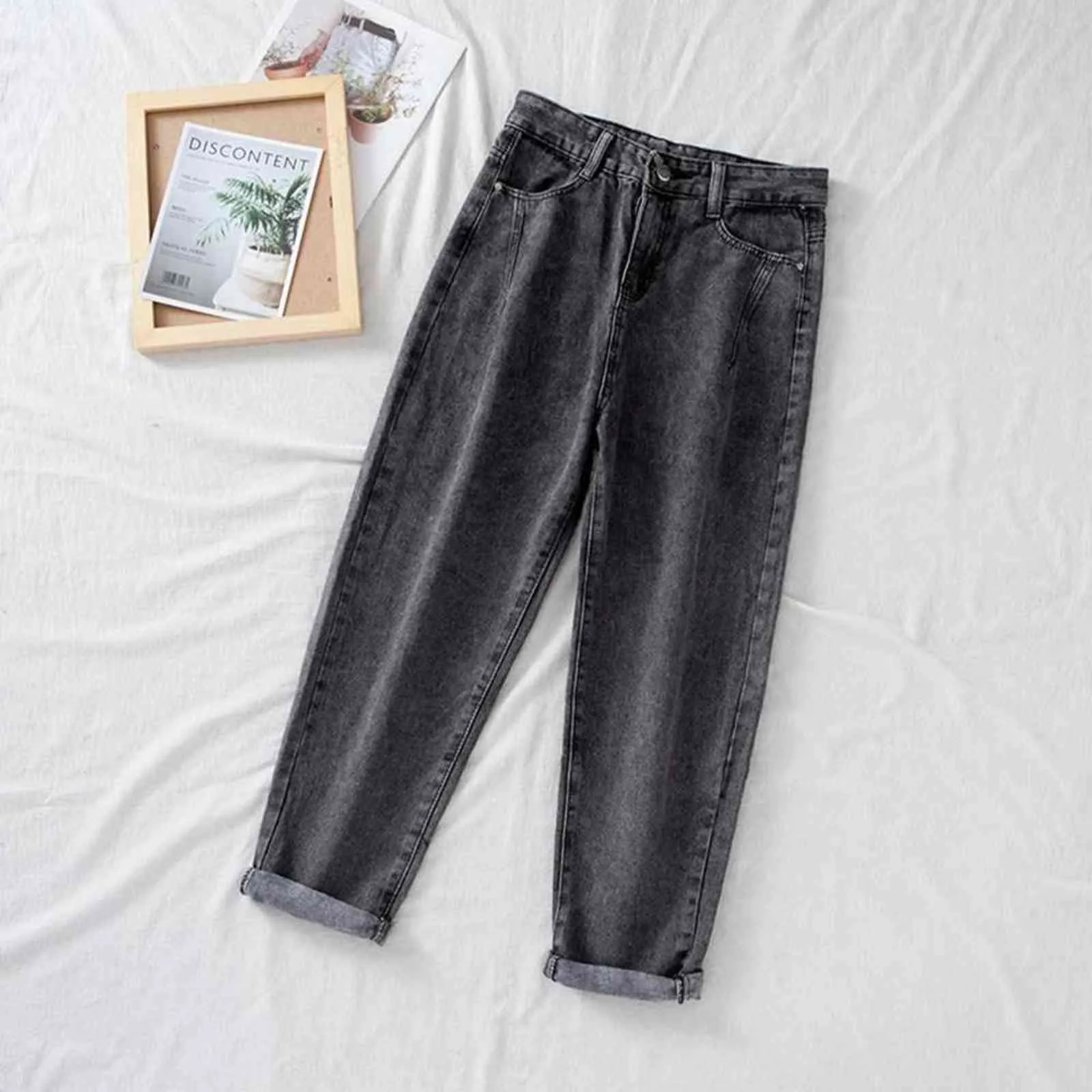 Calça jeans de cintura alta Mulheres Harem calças soltas casuais mãe coreana jean vintage feminino calças jeans plus size pantalon com cinto 211104