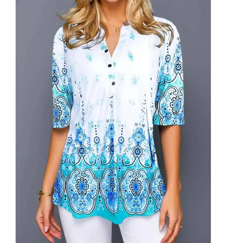 Plus Size 4xl 5XL Shirt Blouse Female Spring Summer Tops V-neck Half Sleeve Lace Splice Print Boho Women shirt 210308