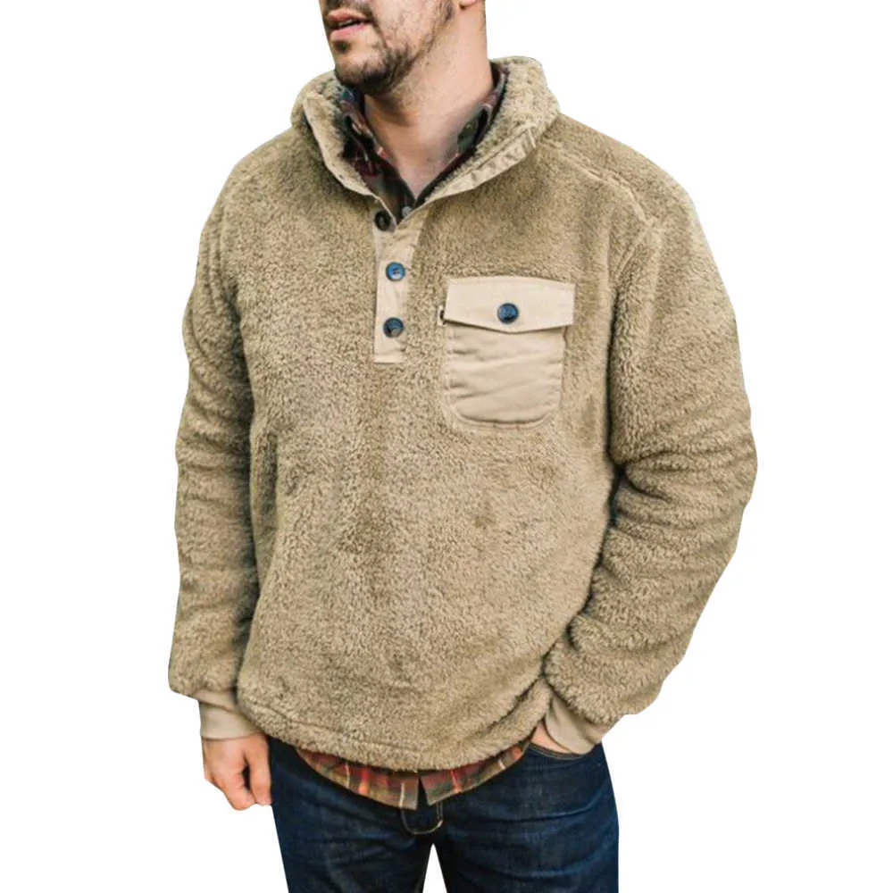 Мужская пуловерная пиджака зима повседневная смесь сплошной перемычки пальто одежды сгущает теплые толстовки карманные кнопки с длинным рукавом вязаный свитер 211018