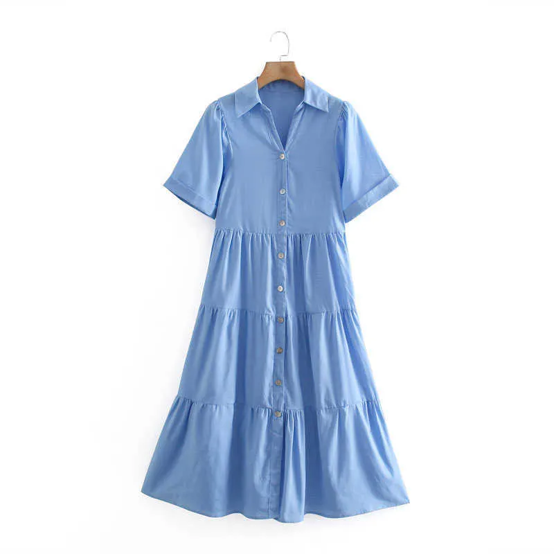 Mujeres azul con gradas camisa plisada vestidos za vintage manga corta vestido de verano suelto mujer elegante botón delantero vestido midi 210602