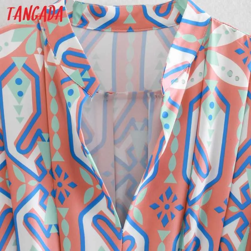 Tangada primavera moda mujer geometría impresión camisa vestido manga larga cintura Strethy Oficina señoras Midi vestido 2W76 210609