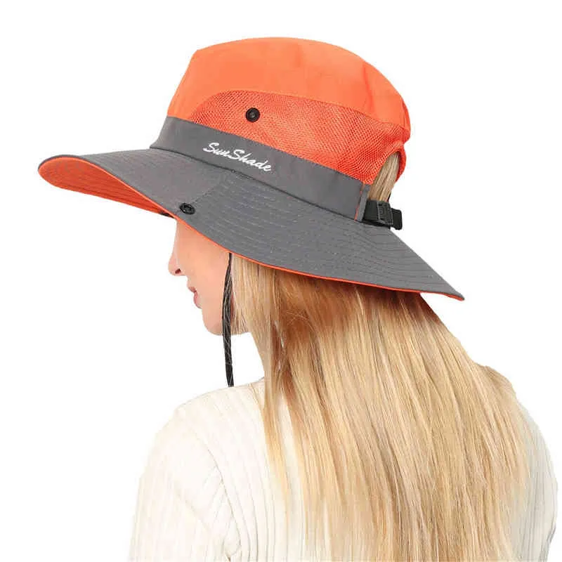 2021 Protezione UV da donna Cappelli da sole larghi Cappello da sole di alta qualità con cappuccio in maglia di raffreddamento Cappello pieghevole Casual Moda quotidiana Cappelli da sole G220311