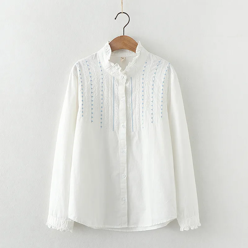 Broderie Art Jacquard Coton Chemises à manches longues Femmes Automne Dentelle Blouse blanche Dames Blouses décontractées en vrac et Tops 210226