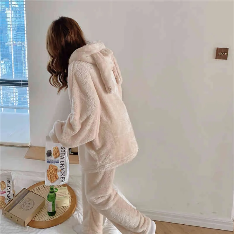 Casual Homewear Allentato Solid Bear Addensare Coreano All Match Fashion Pigiama Sexy Brief Nightwear Chic Suit Set 210525