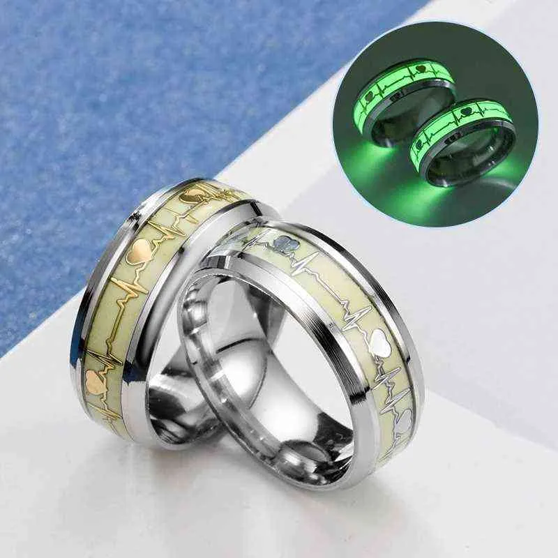 Mode Rvs Lichtgevende Vinger Ring voor Vrouwen Mannen Gloeien in Dark Heart Paar Wedding Bands Sieraden Accessoires JZ513 G1125