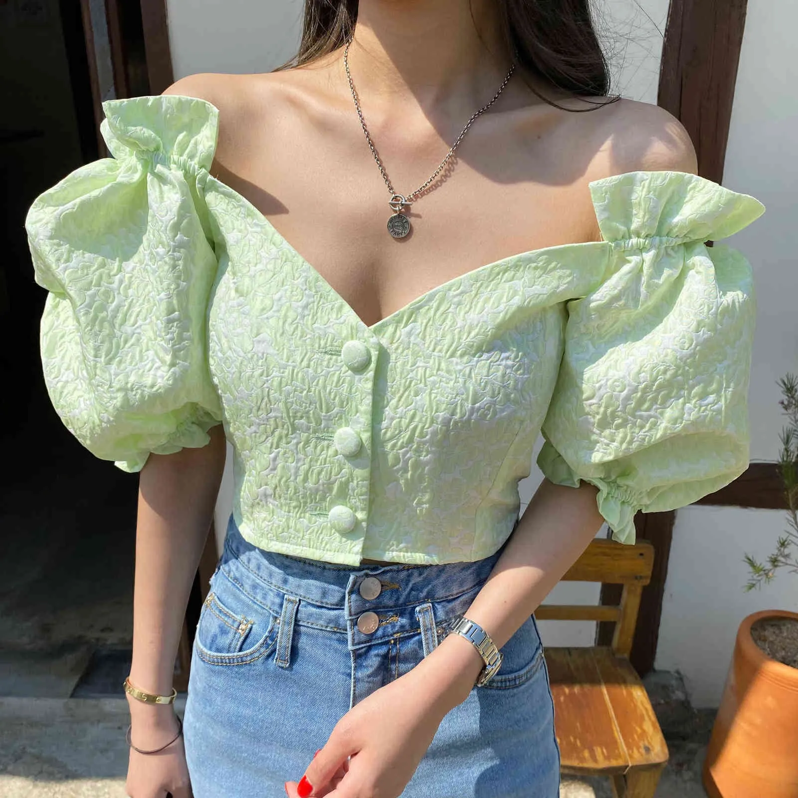 Korea Style Button Short Heavy Jacquard Pattern Green Blouse Wooden Ear Strapless Sweet Shirt Top 210529