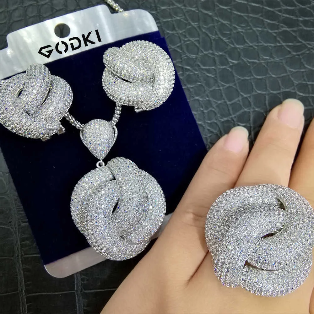 Godki Luxury кольцо ожерелье серьги серьги кубический циркон кристалл ювелирных изделий для женщин свадебный индийский Дубай свадебные украшения набор H1022