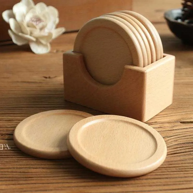 Stock Wooden Cup Mat Set With Holder Solid Wood Round Placemat Insulation Pad