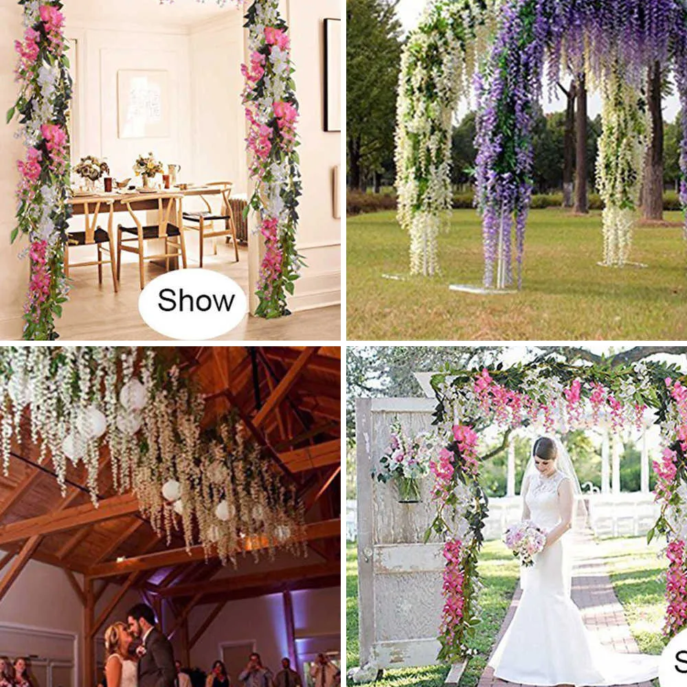 2 PZ 1.8 M Glicine Fiori Artificiali Vite Ghirlanda Matrimonio Arco Decorazione Piante finte Fogliame Rattan Trailing Fiori finti Muro 210624