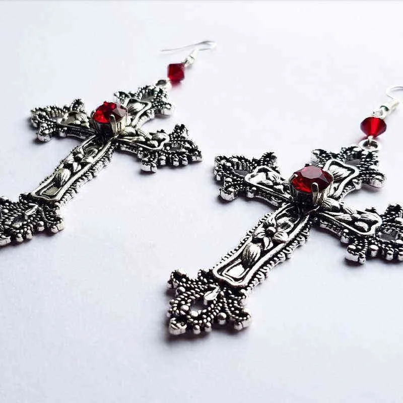 Goth Large Detailed Cross Black Drill Jewel Earrings Silver Color Gothic Punk Fashion Gorgeous Statement Women Gift G220312