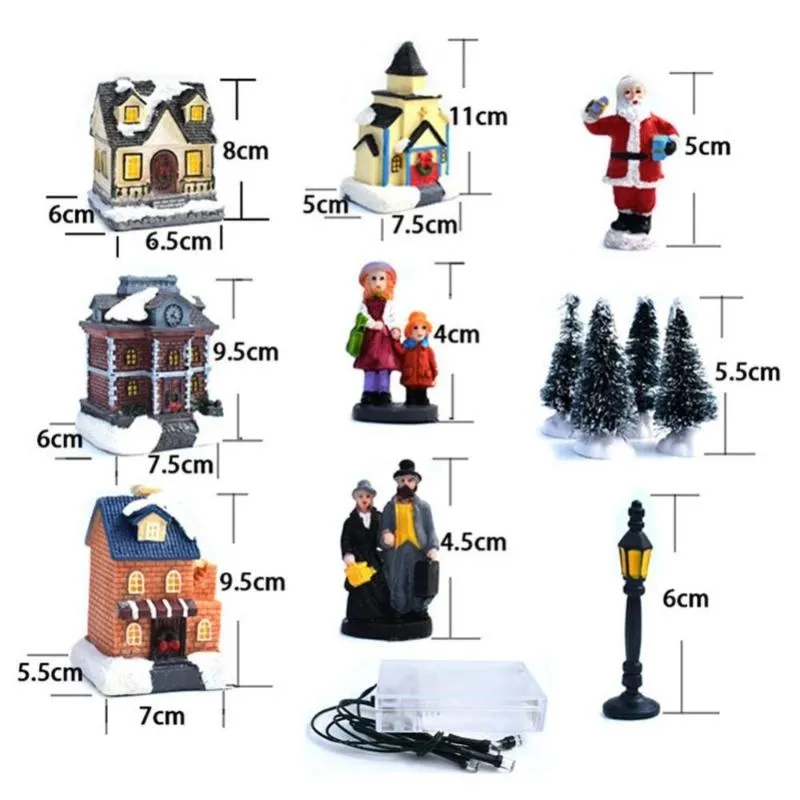 Julekorationer 10 datorer Set Ornament Glowing Cottage Luminous Cabin Santa Claus Small House Village Building Decor for Kids G2325