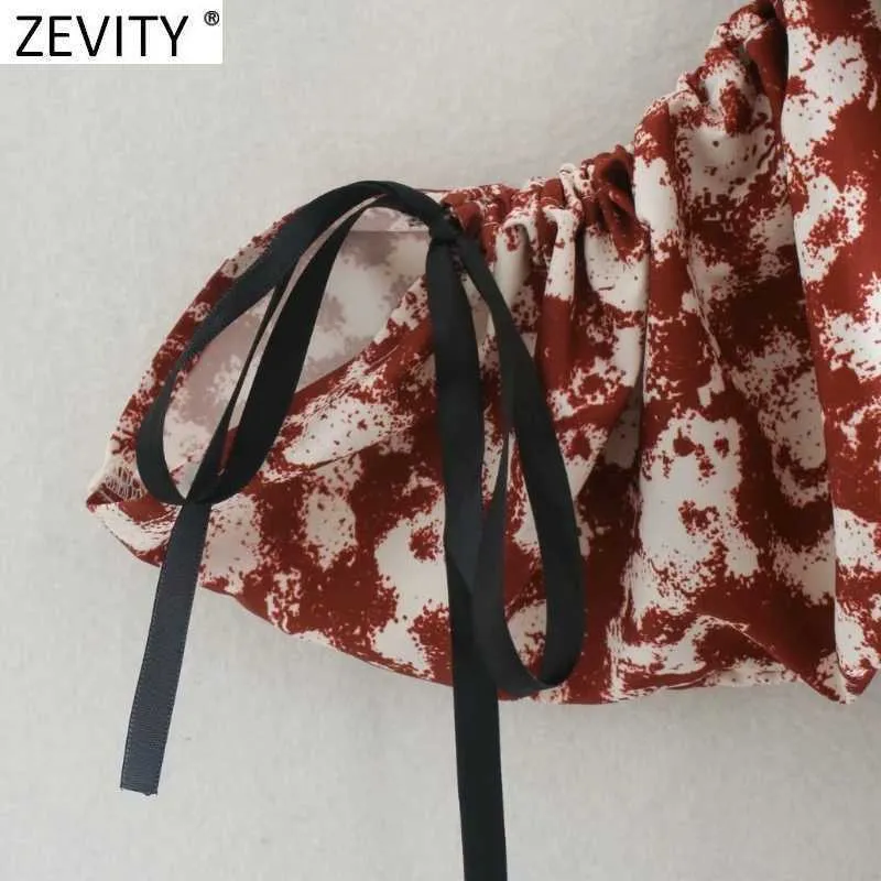 Zevity Femmes Vintage Tie Cravate Teinture Tableau De Training Dress Drawstring Sleeve Daceve Lace up Vestine Casual Vestidos Robes de collier DS4788 210603