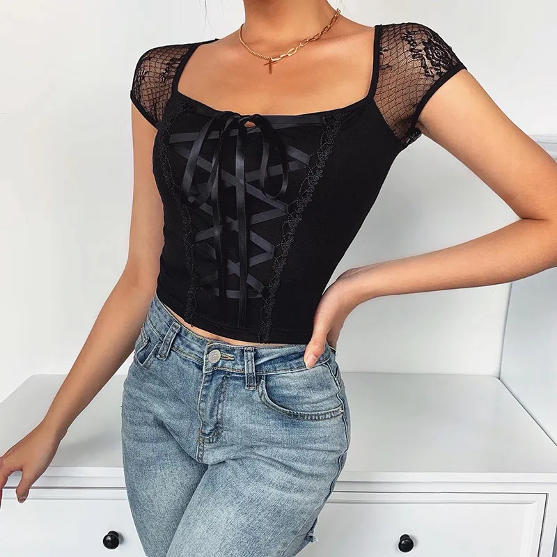 Instahot Lace Splice Camiseta Sem Mangas Mulheres Crop Top Verão Sexy Atadura Bodycon T Shirt Casual Gothic Streetwear Tee Top 210310