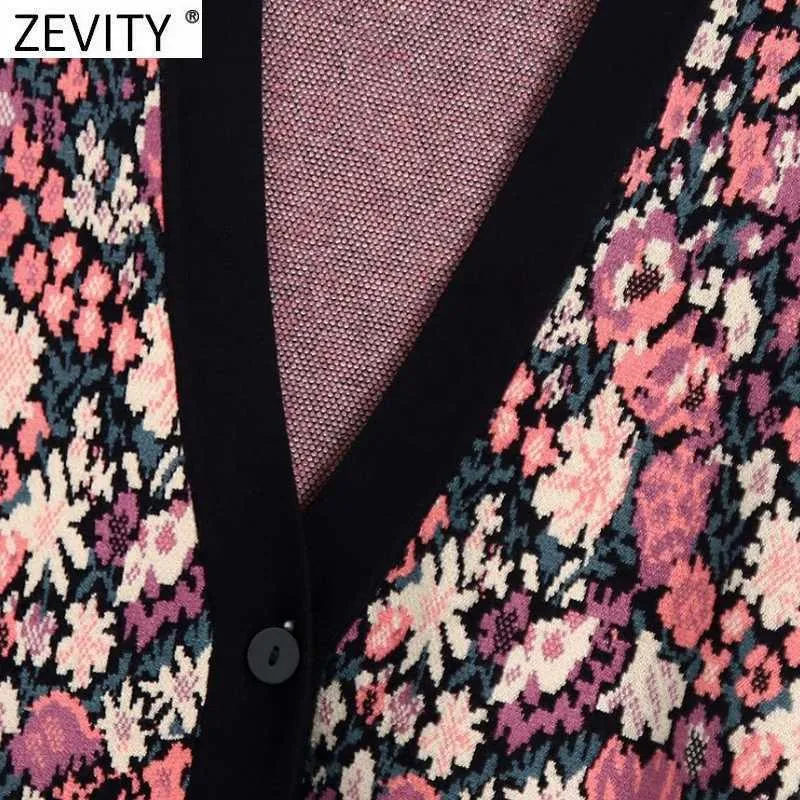 Zevity Women Vintage Vネックフローラルプリントジャカードニットカーディガンセーター女性シックシングルブレストカジュアルコートトップスSW899 210914