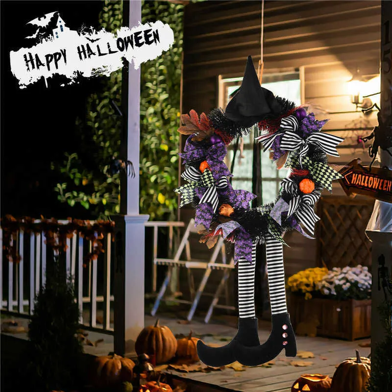 2021 Halloween Wreath Door Hanging Decoration Halloween Witch Hat Leg Pumpkin Door Wreath Happy Halloween Home Party Supplies Y0902457