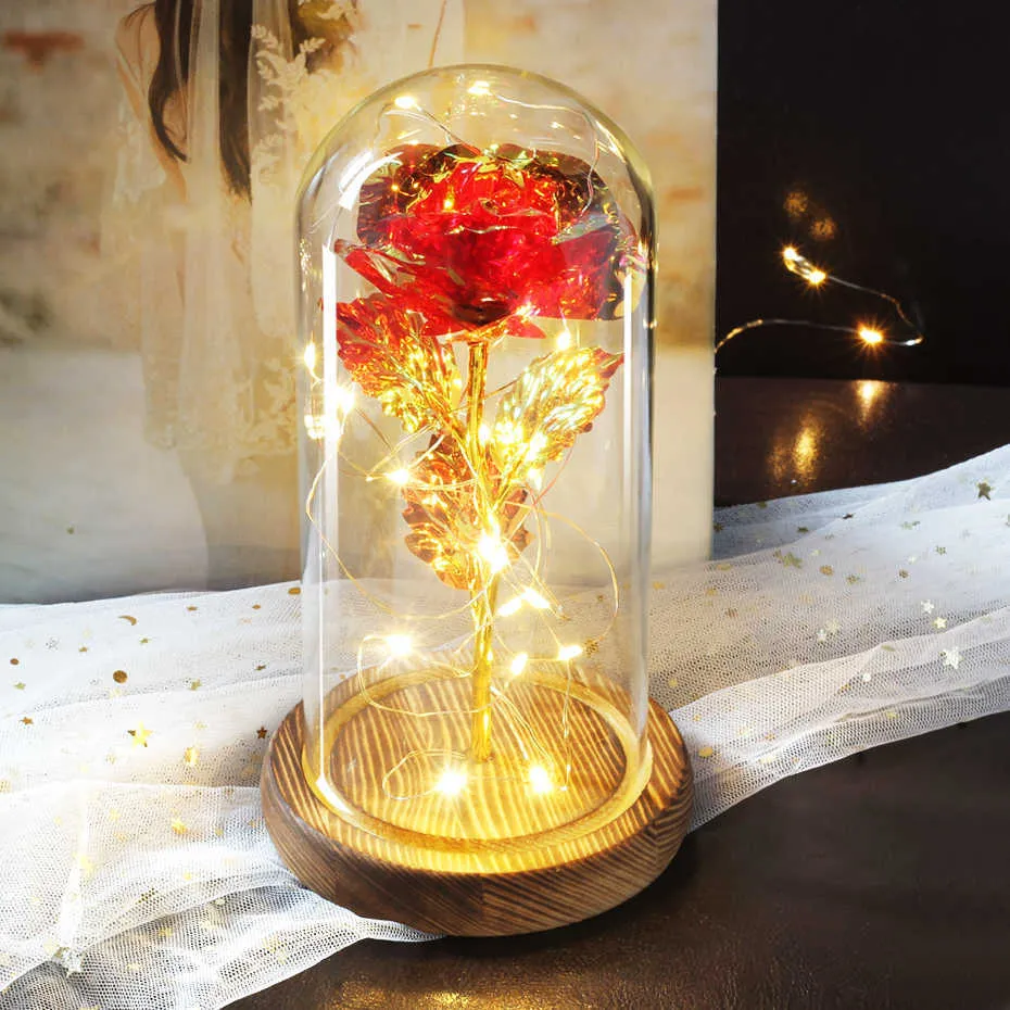 Cadeau Saint Valentin Beauté Éternelle Rose Éternelle lumière LED Beauté et Bête Rose en verre Dôme cadeau d'anniversaire pour la Saint Valentin Q0338Z