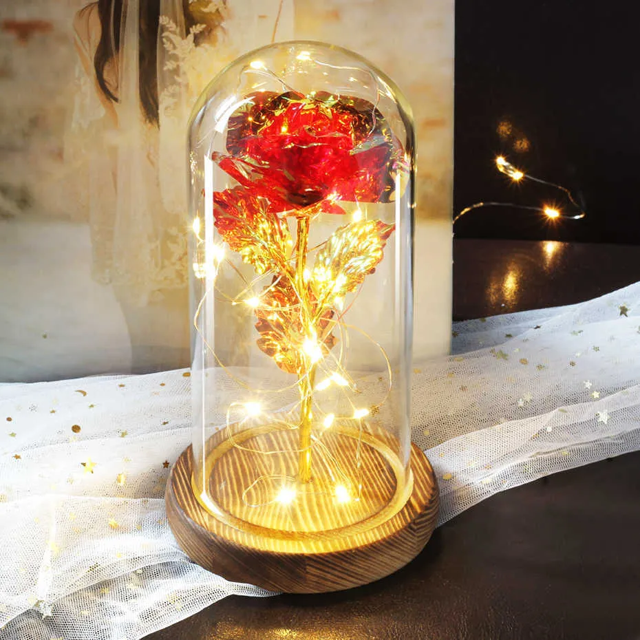 Valentine Gift Beauty Eternal Rose Eternal LED Light Beauty and Beast Rose In Glass Dome Birthday Present For Valentine's Day Q0338Z