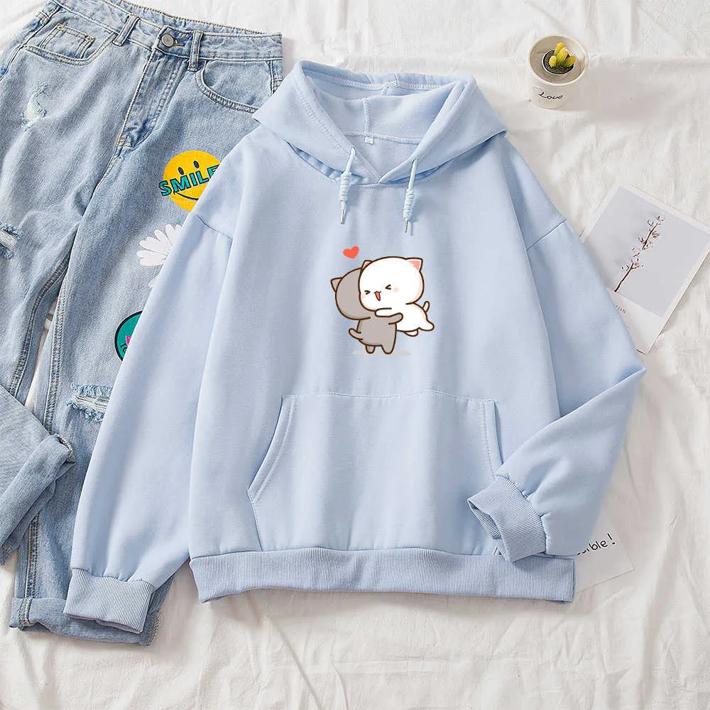 Kawaii Kobiet Luźne Streetwear Bluzy Bawełniane Bluzy Kobiety Kot Z Kapturem Kreskówka Oversize Hoodie Swetry Koreański Styl Ciepł Y0820