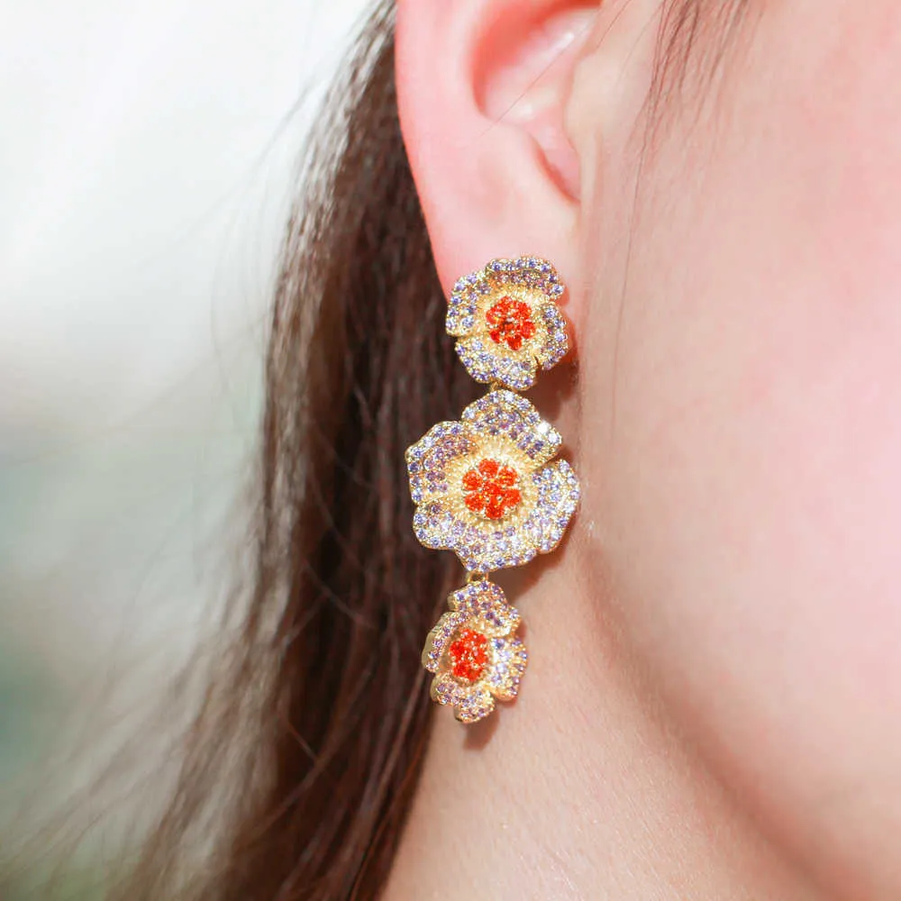 3 Tone Gold Color Cubic Zircon Cluster Flower Drop Dangle Long Women Party Wedding Earrings Engagement Jewelry CZ886 210714