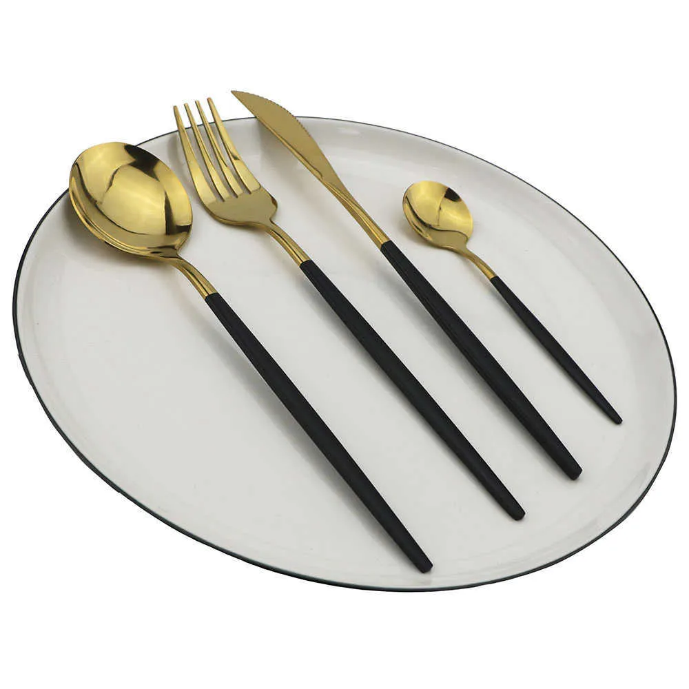 Jankng Zwart Gouden bestek Set Roestvrijstalen servies 16/24 Stks Keuken Servies Mes Vork Lepel Stickware Diner 211012