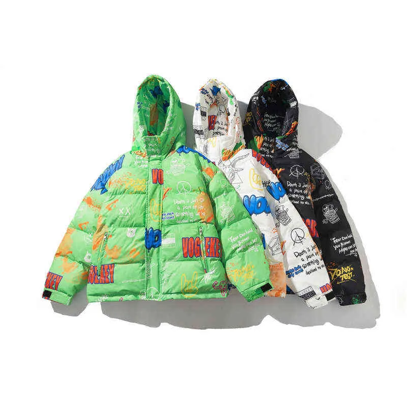 Glacialwhale down jacket män vinter graffiti hooded vindtät kappa streetwear överdimensionerade hip hop svart för 211214