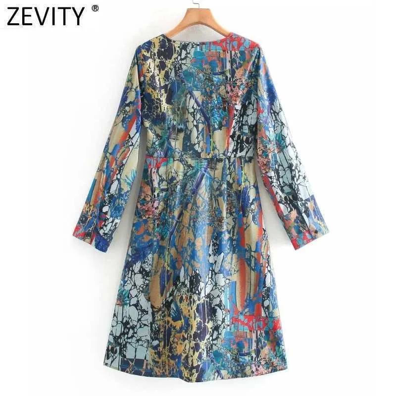 Zevity Donna Vintage Scollo a V Manica lunga Fiore astratto Stampa A Line Abito Donna Casual Slim Chic Vestido Abbigliamento DS4663 210603