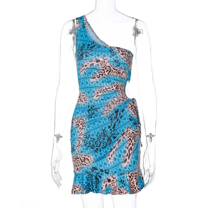Womengaga осень женская одежда плечо высокая талия полые ворчанные сексуальные мини-леопардовые платье li0r 210603